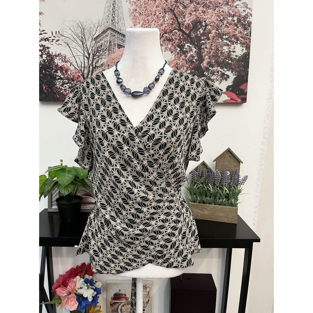 Max Studio Women’s Top Blouse Small Geometric Design Surplice Neck Tie Waist